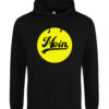 2025-Moin-gelb-hd-bk Hoodie, Kapuzenpullover in schwarz mit neongelbem Kreisrunden Aufdruck "MOIN"