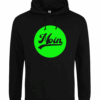 2025-Moin-gruen-hd-bk Hoodie, Kapuzenpullover in schwarz mit grünem Aufdruck, Kreis mit "MOIN"