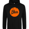 2025-Moin-orange-hd-bk Hoodie, Kapuzenpullover in schwarz mit orangenem Aufdruck, Kreis mit "MOIN"
