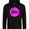 2025-Moin-pink-hd-bk Hoodie, Kapuzenpullover in schwarz mit pinkem Aufdruck, Kreis mit "MOIN"