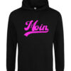 2025-Moin2-pink-hd-bk Hoodie, Kapuzenpullover in schwarz mit pinkem Aufdruck "MOIN"