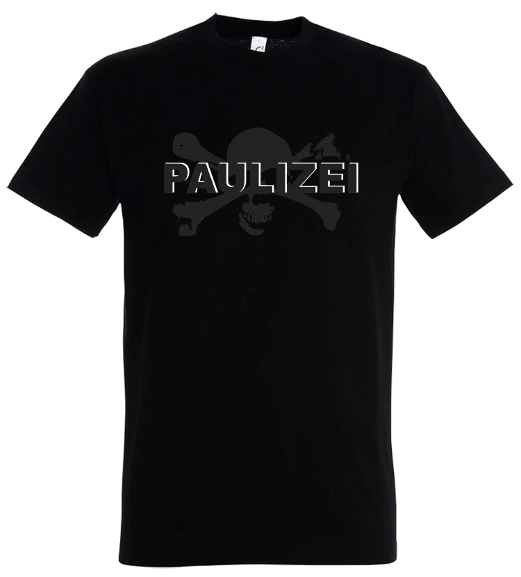 T-Shirt in schwarz mit schwarzweißem Aufdruck "PAULIZEI Skull"