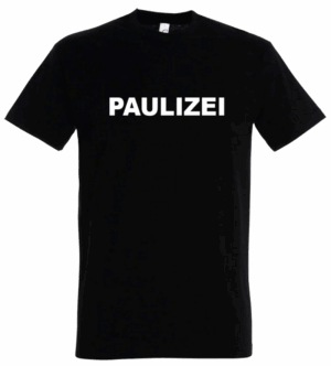 T-Shirt in schwarz mit schwarzweißem Aufdruck "PAULIZEI"