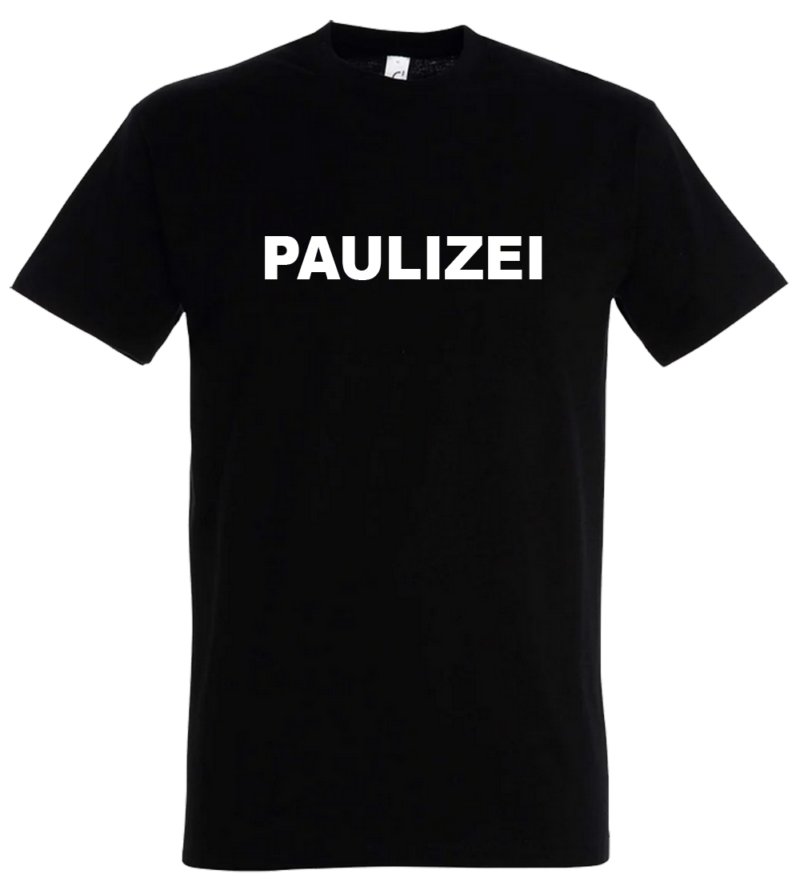 T-Shirt in schwarz mit schwarzweißem Aufdruck "PAULIZEI"