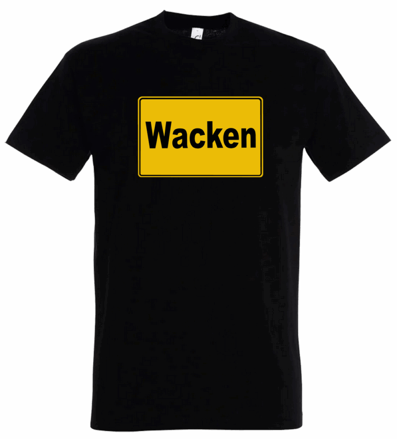T-Shirt in schwarz mit Aufdruck "WACKEN" Orstschild