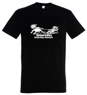 T-Shirt schwarz mit Aufdruck "Skiparadies Schleswig-Holstein" Kuh zieht Skifahrer hinter sich her